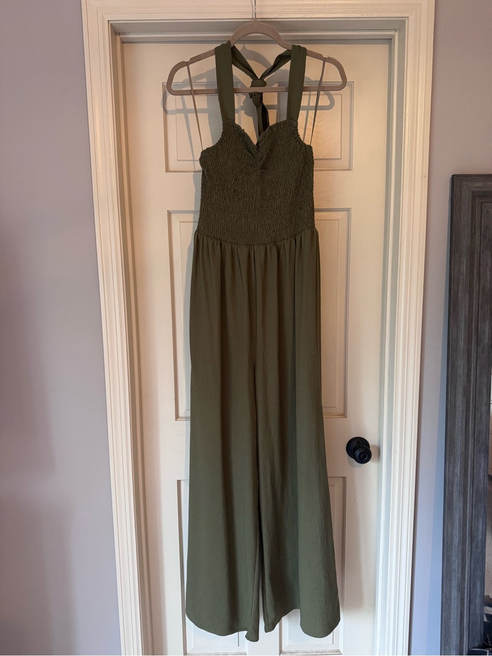 Women’s Olive Green Wide-Leg Jumpsuit with Smocked Bodice